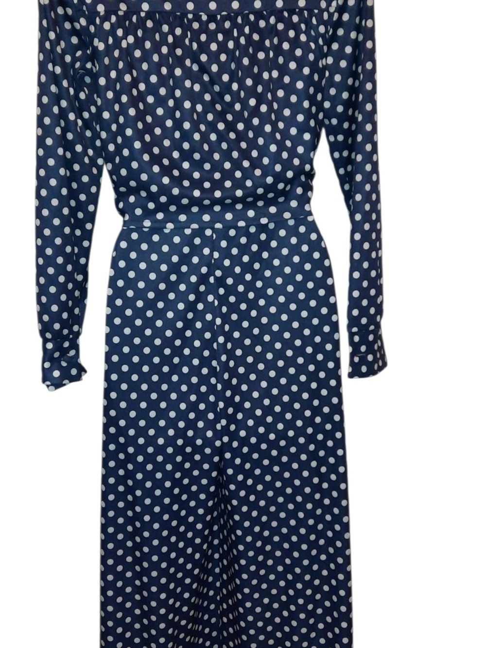 Vintage Women's Navy Polka Dot Long Sleeve Jumpsuit with Tie Waist - Picture 4 of 15